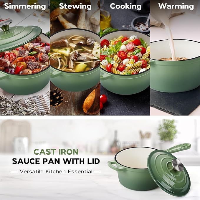 Onader Cast Iron Sauce Pan Pot, 2QT Small Saucepan with Lid, Enameled Cast Iron Dutch Oven Cooking Kitchen Pot – Pistachio Green