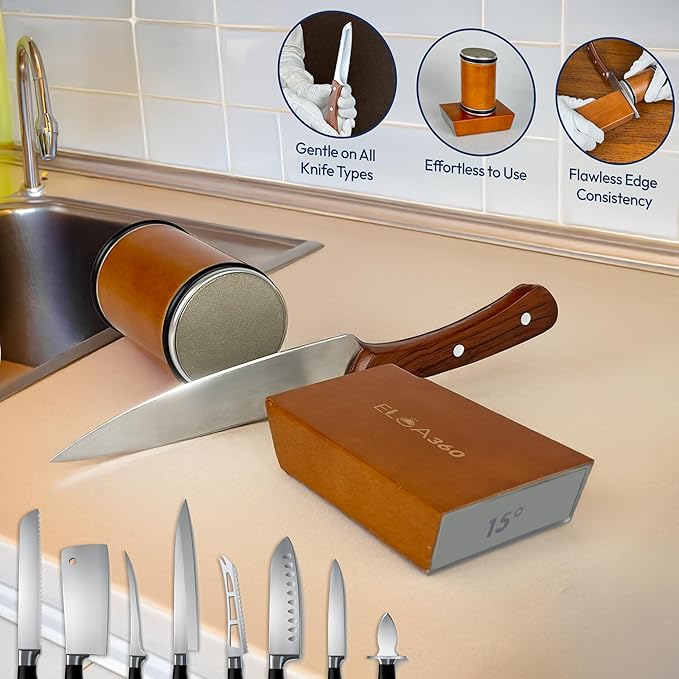 ELOA360 Knife Sharpener, Rolling Knife Sharpener Kit with Diamond and Ceramic Discs with 15° and 20° Magnetic Angle, kitchen knife sharpener, Razor-Sharp knife sharpening Tool (Stainless Steel)