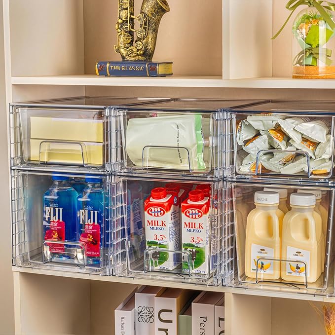 2Pack Large Stackable Kitchen Storage Drawers, Clear Foods Organizer Bins with Handles, Easily Assemble for Bathroom, Kitchen, Pantry, Cabinet, Closet(XL-Down Handle)