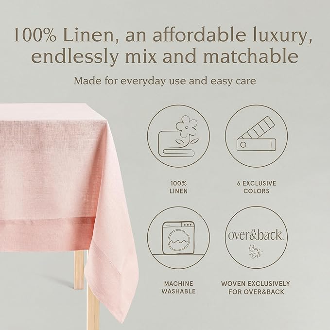 over&back 100%-Linen Woven Tablecloth - Colorful Dining Room Table Cover - Mitered Corner Hems - Machine Washable - Kitchen and Home Decor - Pink - 70x108