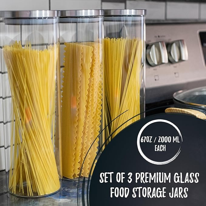 Bacimi® Airtight Borosilicate 3mm thick Glass Storage Containers for Spaghetti, Pasta, Noodles, Linguini, Lasagna, Flour, Cereal, Coffee, Multi Purpose Food Jar, Canisters for Kitchen, Pantry 67oz Ea