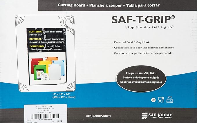 San Jamar Saf-T-Grip Plastic Cutting Board With Safety Hook, 12" x 18" x 0.5", Assorted Colors, (Set of 6)