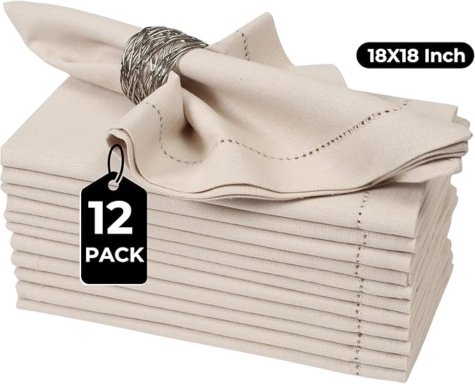 Bedding Craft Cotton Linen Cloth Dinner Napkins Set of 12 – 18x18 Flax Oatmeal Hemstitched – Machine Washable Reusable Fabric Napkins for Weddings, Parties & Events
