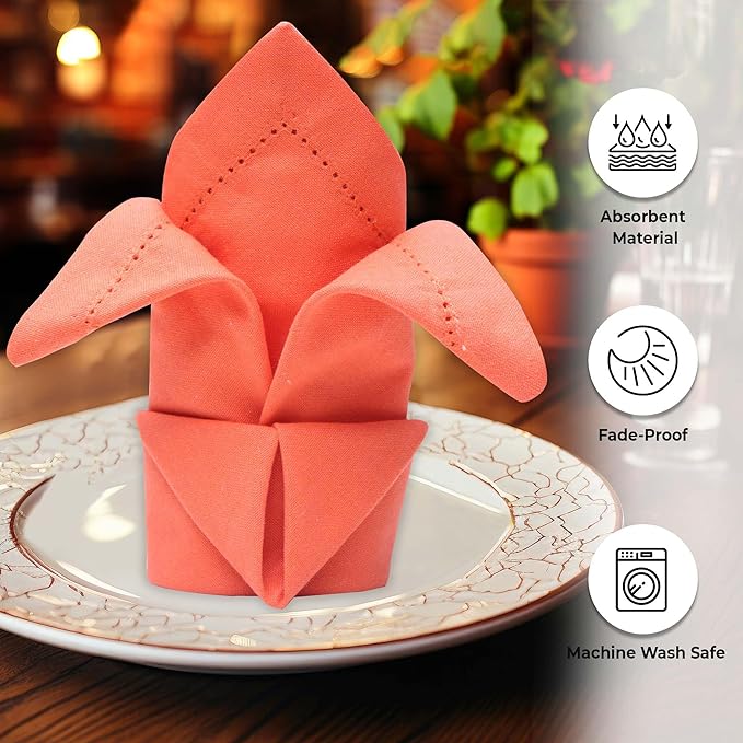 Urban Villa Fall Cloth Napkins Hemstitch Dinner Napkins Orange Color 20''x20'' (Set of 12) 100% Cotton Absorbent Napkins Soft Durable Reusable Washable Ideal for Events Parties Everyday use