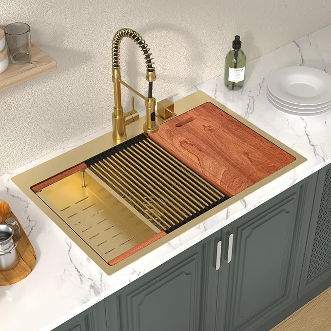 Lordear 33 Inch Drop In Kitchen Sink Gold Brushed 33x22 Workstation Stainless Steel 16 Gauge Single Bowl Handmade Topmount Kitchen Sink with Cutting Board