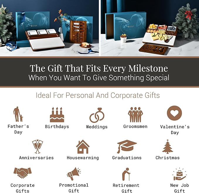 Shanik Wood - Marble Cheese Board Set with 3 Ceramic Bowls - Stainless Steel Cutlery Set, Charcuterie Board & Gift for Any Occasion (with Engraving)