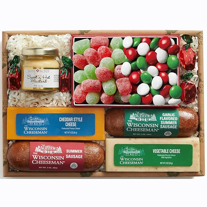 The Wisconsin Cheeseman 7-Piece Terrific Treats Assortment – Summer Sausage Meats and Cheeses Gift Basket with Mustard, Candies, and Charcuterie Snacks – Holiday Gift for Adults, Women, and Men