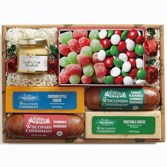 The Wisconsin Cheeseman 7-Piece Terrific Treats Assortment – Summer Sausage Meats and Cheeses Gift Basket with Mustard, Candies, and Charcuterie Snacks – Holiday Gift for Adults, Women, and Men