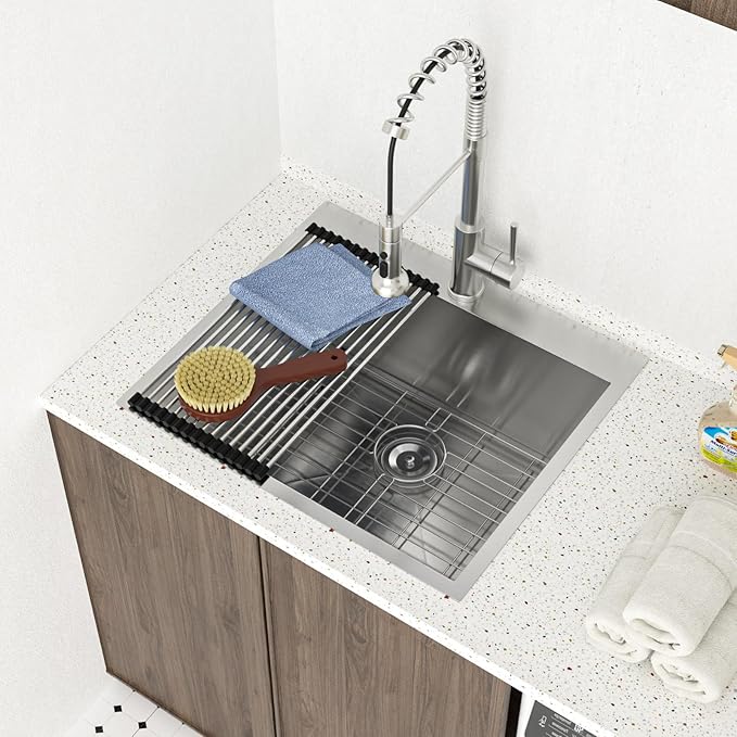 Lordear 12 Inch Deep Laundry Sink Drop In 25"x22"x12" Deep In Laundry Utility Sink Drop-in Topmount Single Bowl Sink 16 Gauge Stainless Steel Kitchen Laundry Room Sinks