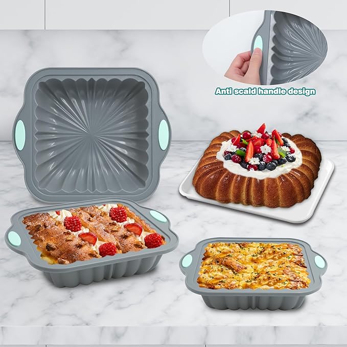 3-Piece Silicone Square Cake Pan Set, Metal-Frame Non-Stick Baking Trays, Jelly Molds, Non-Stick Grooved Cake Molds, Suitable for Breads, Meat Patties, Cakes, 5/7/9 Cups, Light Gray