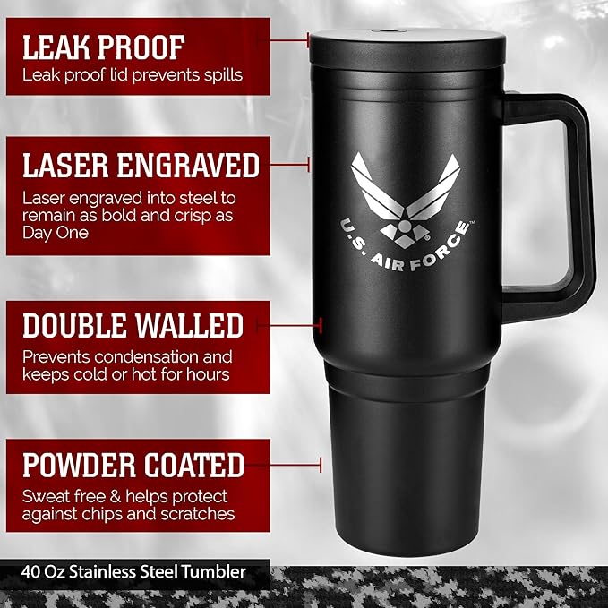 40oz USAF Tumbler with Handle, Leakproof Lid & Straw-Laser-Engraved Air Force Logo - Gifts for Airmen - USAF 40oz Tumbler