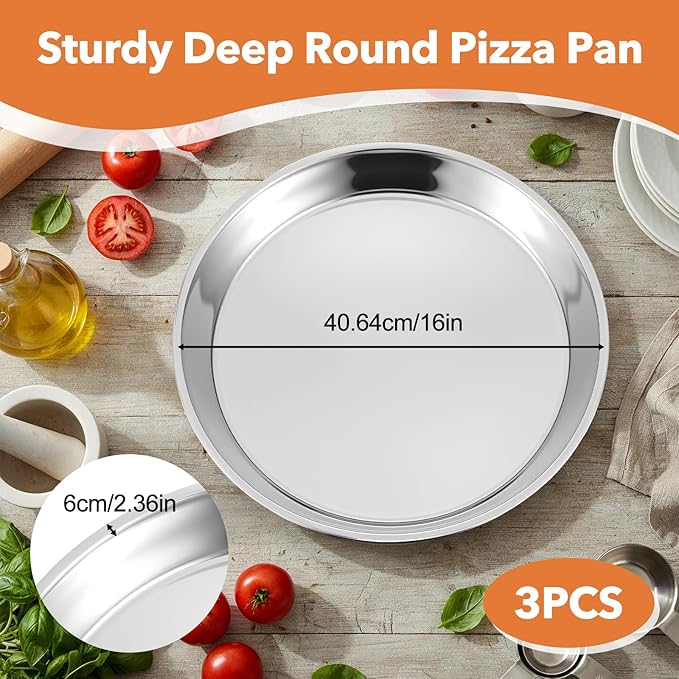 3 Pcs Deep Pizza Pans, 16" Stainless Steel Pizza Tray for Oven Reusable Round Kitchen Baking Cooking Pan Home Restaurant Safe Bakeware for Serving Displaying Cookie Cakes Pies, Dishwasher Safe