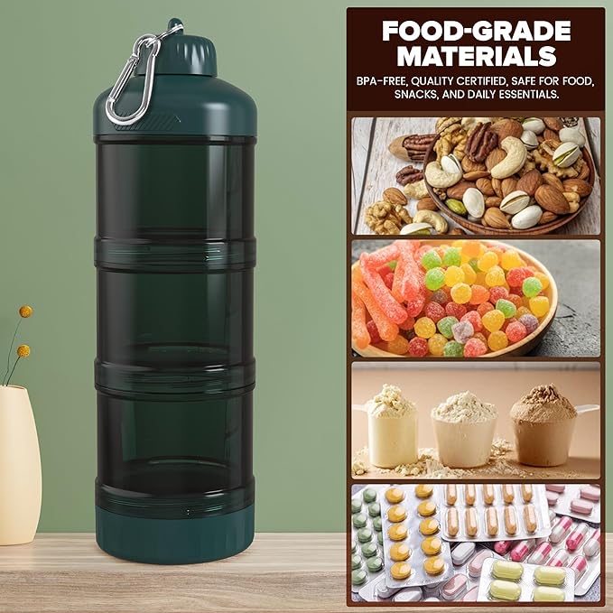 BYLWORKOUT 3-Layer Protein Powder Travel Container with Funnel and Keychain | Portable Food Storage Organizer for Gym, Fitness, Kitchen, Camping, Hiking, and Travel (Emerald Green)