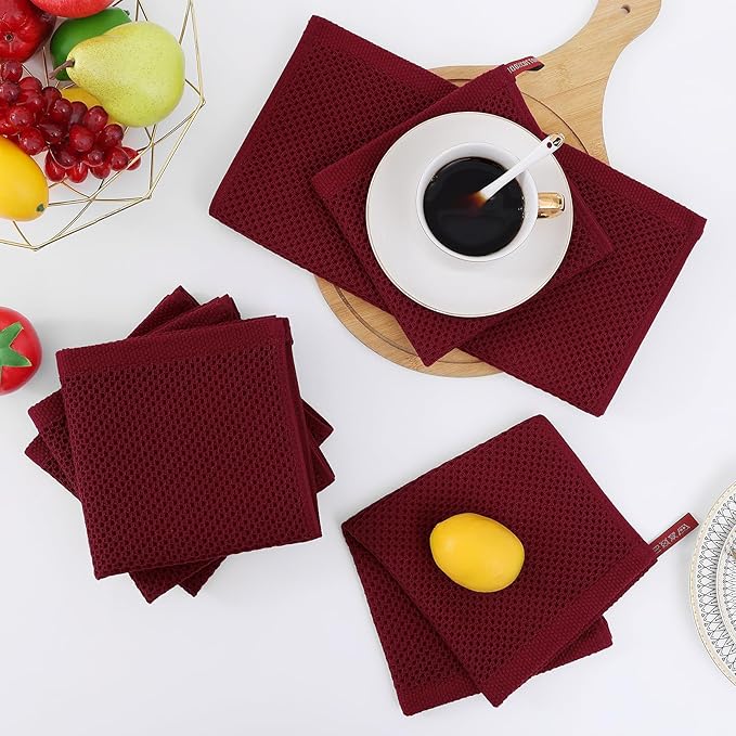 Homaxy 100% Cotton Waffle Weave Kitchen Dish Cloths, Ultra Soft Absorbent Quick Drying Dish Towels, 12 x 12 Inches, 6-Pack, Burgundy