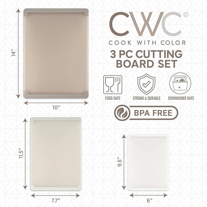 COOK WITH COLOR Extra Large Cutting Board Set, Jumbo-Sized Boards with Rubber Border for Enhanced Cooking Experience, 3-Piece, Brown