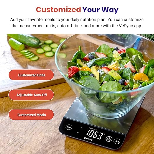Etekcity Food Nutrition Scale, Smart Food Scale for calorie count, IPX6 Waterproof, Rechargeable, Bluetooth, Ounces and Grams for Weight Loss, Cooking, 304 Stainless Steel, Luminary 22lb