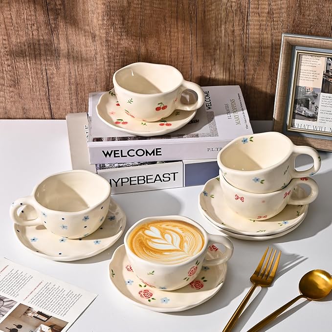 Koythin Ceramic Coffee Mug with Saucers, Handmade Flowers Mugs, Cute Cup for Girl Women, Aesthetic Tea Milk Cup with Handle, 8.5 oz/250 ml for Latte, Cocoa, Office, Home (Cute Bow)