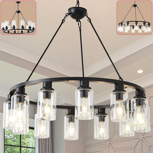 32“ Black Wagon Wheel Chandelier, 12-Light Farmhouse Glass Pendant Lights Kitchen Island Round Hanging Lighting fixtures Ceiling for Living Room, Dining Room, Kitchen Island, Entryway, Foyer