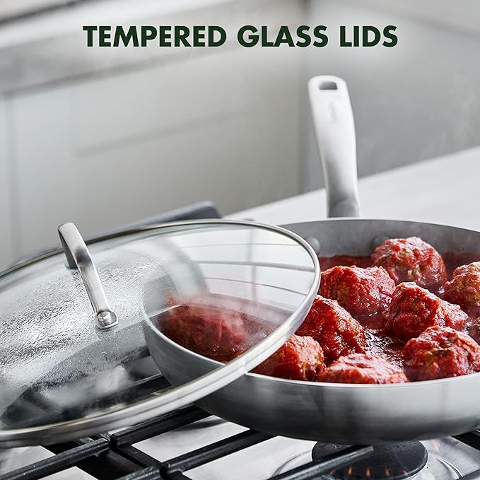 GreenPan Chatham Tri-Ply Stainless Steel 12 Piece Cookware Pots and Pans Set, PFOA and PFAS-Free, Multi Clad, Induction, Fry Saute Sauce Pans, Stock Pot, Dishwasher Safe, Oven & Broiler Safe, Silver