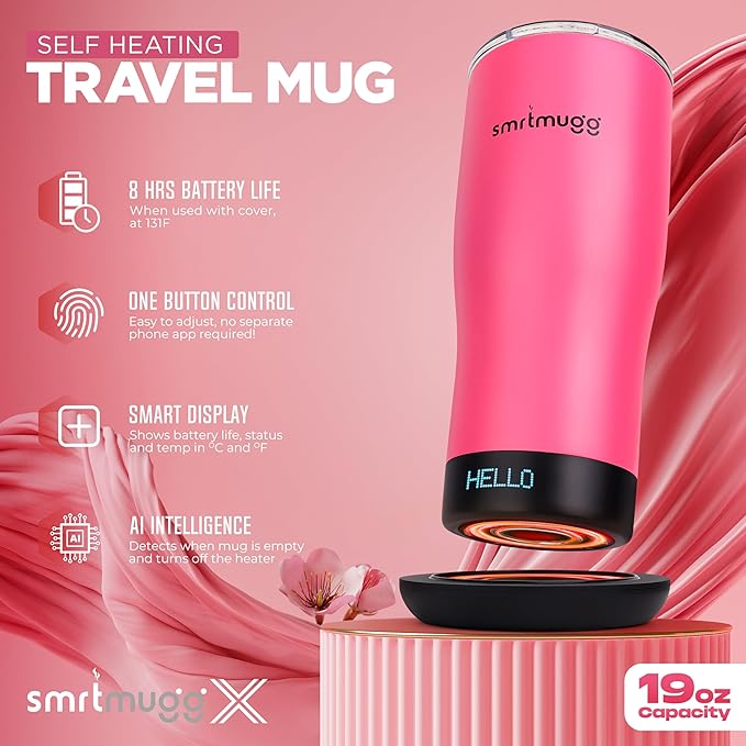 X Heated Coffee Mug 19 oz., 8 Hour Battery Life, Self-Heating, Adjustable Temp Controlled, LCD Screen, Includes Cover with Magnetic Slider (Black) (Hot Pink)