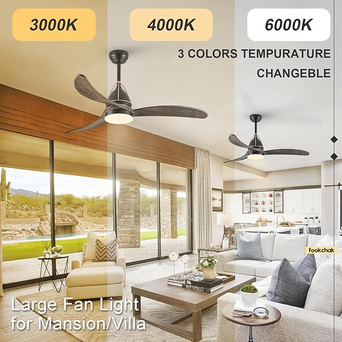 52in Solid Grey Wood Ceiling Fan with Lights 3-Blade Farmhoouse Black Ceiling Fans Outdoor Patio Ceiling Fan Modern Kitchen Fan Light with Remote Control for Bedroom Living Room