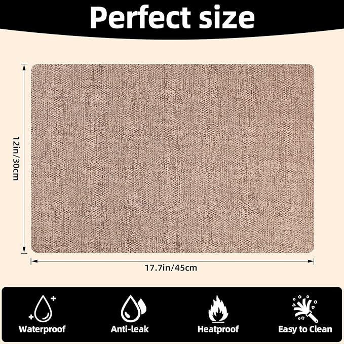 Vinyl Placemats Set of 6-12×17.7 Inch Waterproof & Heattable Placemats, Fall Faux Leather Wipeable Outdoor Table Mat for Dining, Kitchen, Indoor Outdoor Use (Brown, Linen Texture)