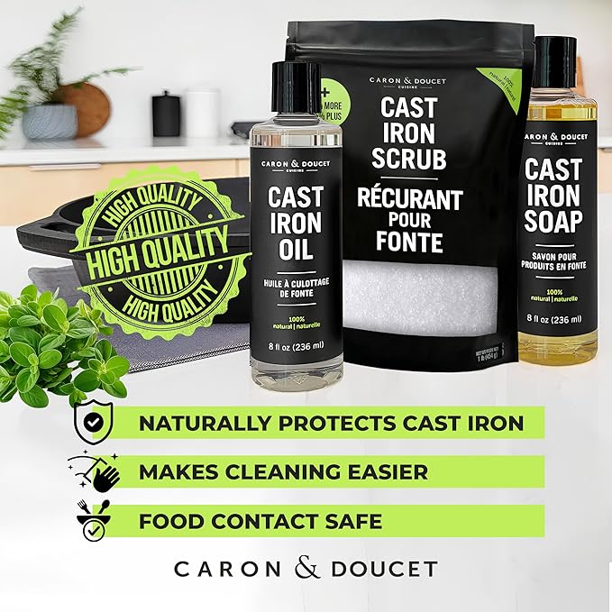 CARON & DOUCET – New Ultimate Cast Iron Set: Seasoning Oil, Cleaning Soap & Restoring Scrub | 100% Plant-Based & Best for Cleaning Care, Washing, Restoring & Seasoning Skillets, Pans & Grills!