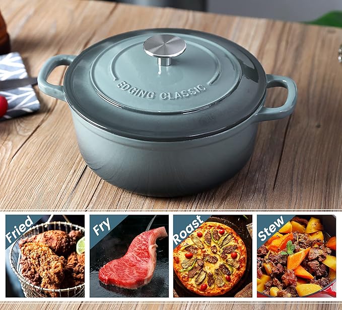 Enameled Cast Iron Round Dutch Oven with Lid Dual Handle Pot Bread Ovens, 7 Quart, Slateblue