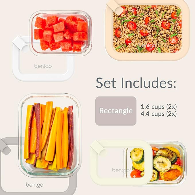 Bentgo Signature Leak-Proof Glass Food Storage - 8-Piece Set, 1-Compartment Plastic-Free Containers with Airtight Glass Lids, BPA-Free, Microwave, Freezer, Oven & Dishwasher Safe (White Stone)