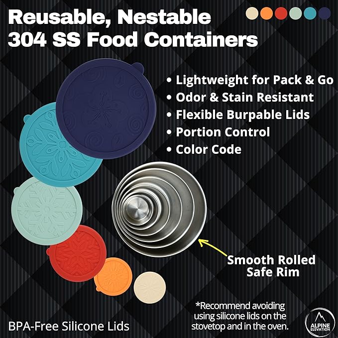 12 Pcs - 6 Stainless Steel Containers + 6 Silicone Lids | 304 Stainless Steel Snack Container | Nesting Snack and Dip Containers | Metal Food Storage