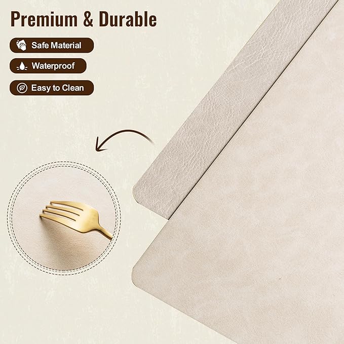 DOLOPL Placemats Set of 4 Reversible Dual-Color Table Placemats –Heat Resistant Wipeable & Washable Place Mats, Luxury Faux Leather Table Mats for Vintage Dining Table Decor (Beige&Light Grey)