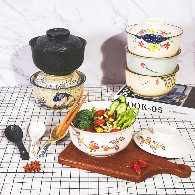 Ceramic Ramen Bowl Set, 800ml, with Lid, Spoon and Chopsticks, Japanese Vintage Large Soup Bowls Instant Noodle Bowl Asian Tableware (Color*2)