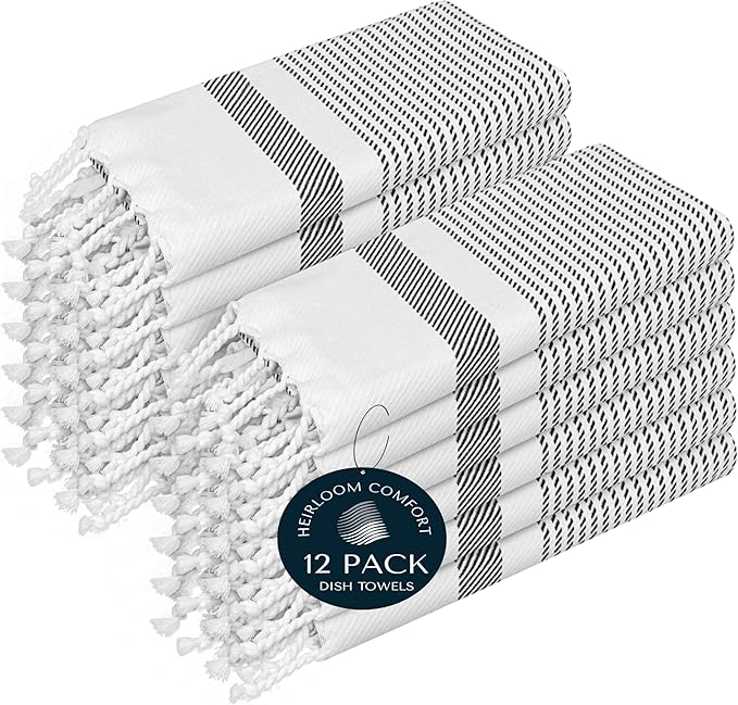 Black Turkish Kitchen Towels 16x26 Inch, 12 Pack, 100% Cotton, Ultra Absorbent, Soft, Fast Dry, Machine Washable, Dish Towel with Tassels for Drying Dishes, Cleaning, Everyday Use