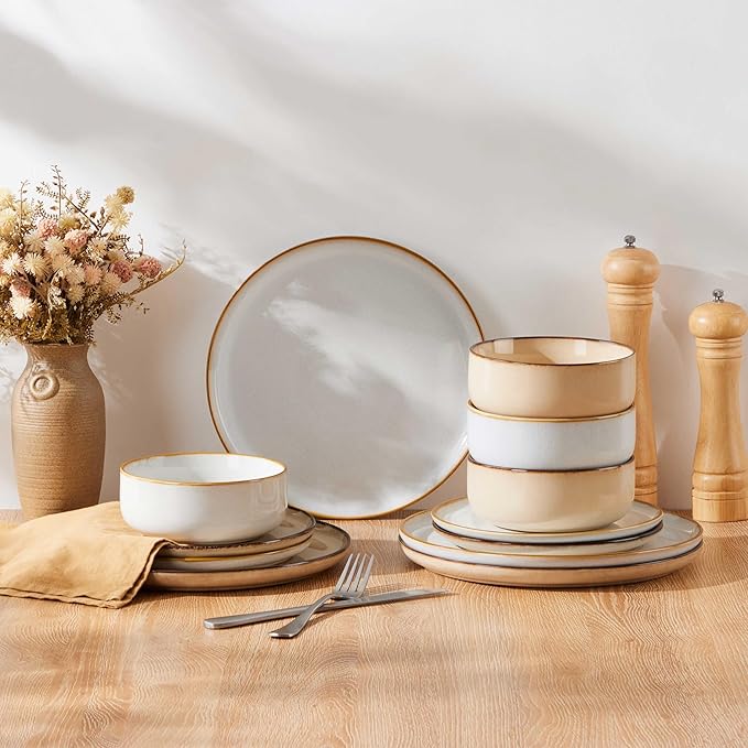 Herogo 12 Pieces Stoneware Dinnerware Dishes Set for 4, Kitchen Dining Plates and Bowls Sets, Double Reactive Glaze, Microwave & Dishwasher Safe, Scratch Resistant, Ivory White & Cream Khaki
