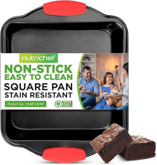 NutriChef Nonstick Square Baking Pan with Red Silicone Grip Handles - Square Brownie & Cake Tray - Even Heat Distribution, PFOA, PFOS, PTFE-Free Nonstick Coating - 8" x 8" Pan, Gray