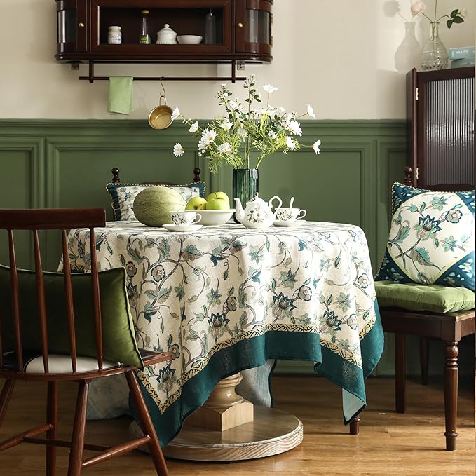patdrea Designer Floral Linen Table Cloth French Durable Breathable Table Cover Decoration Kitchen Dining Tablecloth for Square Tables for Kitchen Dining Christmas,Holiday,Patio,67"x 67"