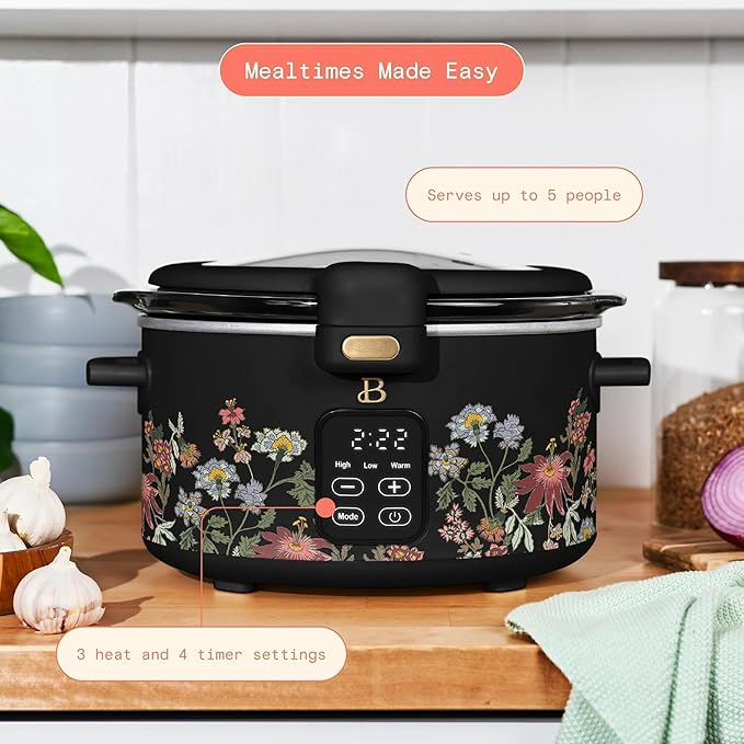 Beautiful 4-Qt Programmable Slow Cooker with Hinged Locking Lid & Touch Display – 3 Heat / 4 Timer Settings (Wildflower Black)