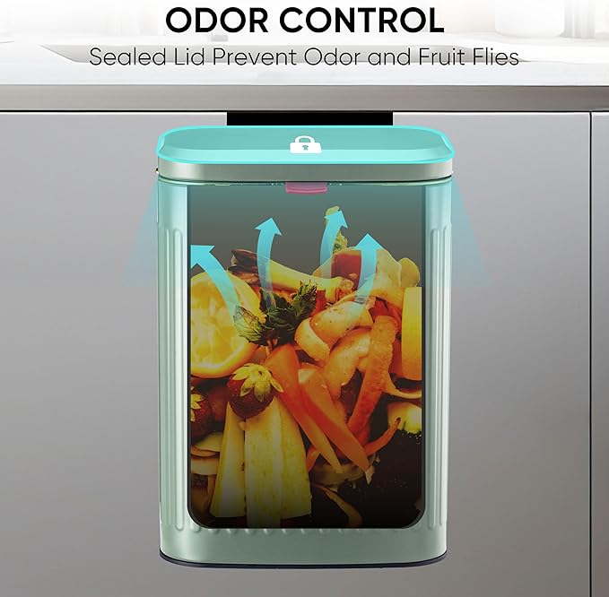 2.11Gallon 8L Carbon Steel Trash Can Door Compost Bin Wall Mounted 2 Ways Sliding Lid Compost Bin Countertop Kitchen Hanging Cabinet Door Trash Bin Metal Garbage Bin Cubo de BasuraGreen