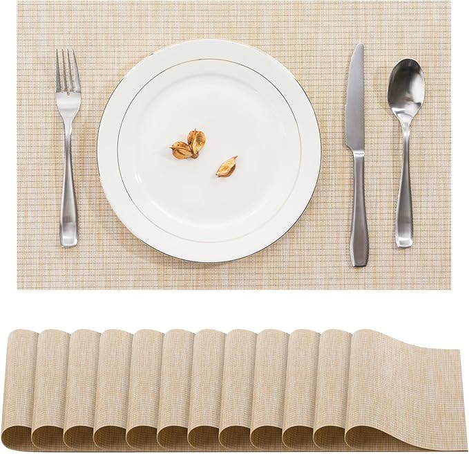 BACKTOEDEN Placemats Set of 12 Heat Resistant Washable Wipeable Placemat Woven Non-Slip Foldable Vinyl/Plastic Place Mats Indoor/Outdoor Mat Kitchen Dining Table Pad, Beige Silver Line
