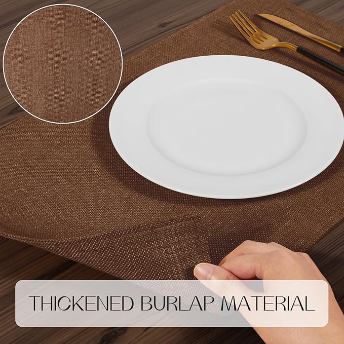 Romanstile Cloth Placemats Set of 4-12 x 18 Inch, Heat Resistant Double Layered Thickened Burlap Place Mats, Washable Linen Farmhouse Table Mats for Kitchen/Dining/Party/Outdoor, Dark Brown