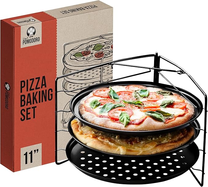 Chef Pomodoro Pizza Baking Set with 3 Pizza Pans and Pizza Rack, (11-Inch Pans), Non-stick Perforated Pizza Trays for Oven, Grill, Pizza Pan with Holes, Pizza Pan for Oven, Barbeque, Bakeware Supplies