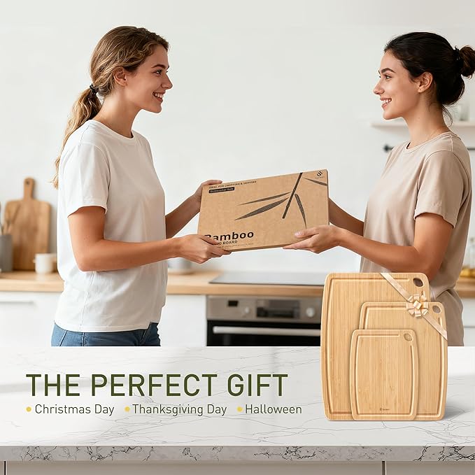 Lightweight Durable Bamboo Cutting Board Set with Non-Slip Feet, Wood Cutting Board for Busy Kitchen, Easy Clean Wooden Chopping Boards with Juice Groove Best House Warming Gift Set of 3 (S+M+L)