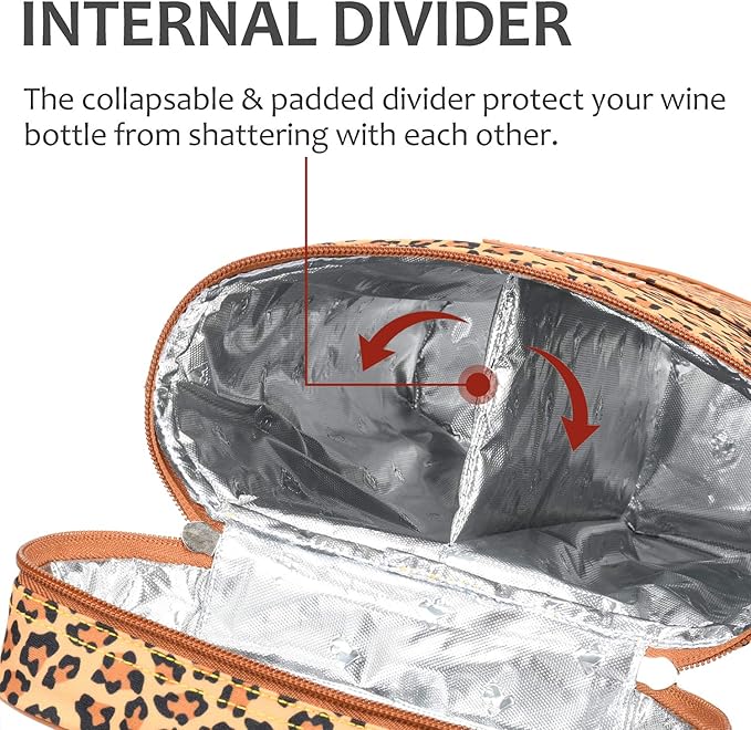 Tirrinia 2 Bottle Wine Gift Tote Carrier - Leakproof & Insulated Padded Versatile Wine Cooler Bag for Travel, BYOB Restaurant, Wine Tasting, Party, Dinner,Gift for Wine Lovers, Cheetah