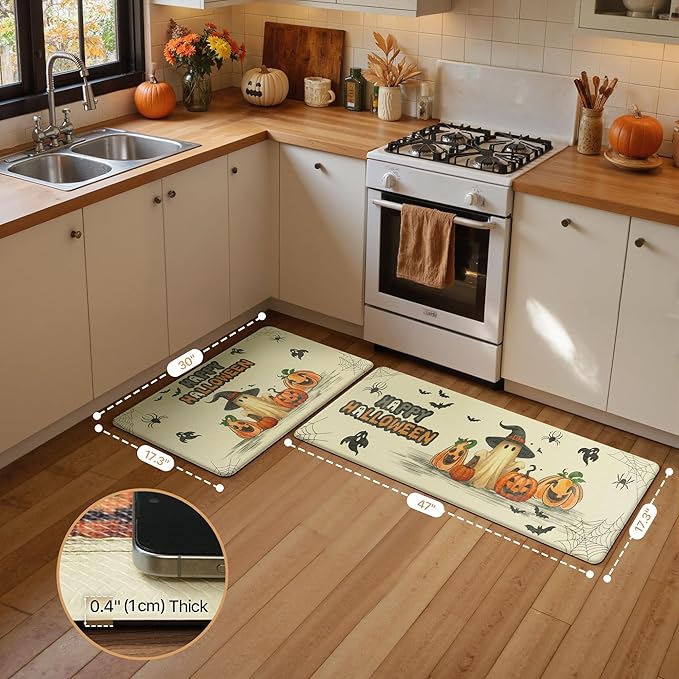 GENIMO Halloween Decorations - Kitchen Mats for Floor, 2PCS Kitchen Rugs, Cushioned Anti Fatigue Mat for Home Decor, Waterproof Non-Slip Comfort Standing Mat for Laundry, 17.3"x47"+17.3"x30", Beige