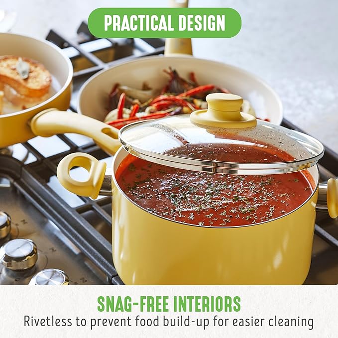 GreenLife 16 Piece Nonstick Cookware Set, Soft Grip Non-Toxic PFAS-Free Ceramic Pots & Pans, Dishwasher & Oven Safe, Frying, Sauce, Saute, Utensils, Glass Lids, Stay-Cool Handles, Wobble Free, Yellow