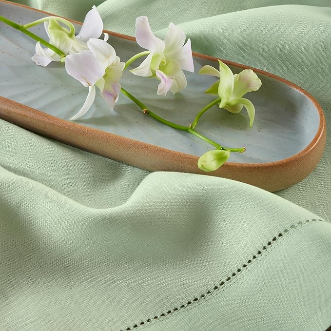 Solino Home Linen Cloth Placemats Set of 4-100% Pure Linen Hemstitch Light Green Placemats 14 x 19 Inch - Classic Hemstitch Table Place Mats