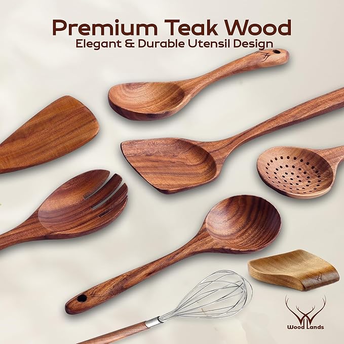 8 Pcs Teak Wooden Utensil Set with Rest – Premium Wooden Cooking Utensils Set, Natural Kitchen Utensils & Spoons for Cooking, for Any Cook - Wooden Spoons for Cooking with Wood Spatulas