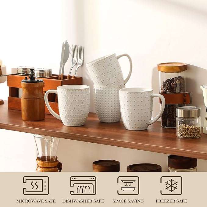 MALACASA LYDIA Coffee Mugs, 16 OZ Ceramic Mugs Set of 4 with Handle, Embossment Cups for Latte, Hot Tea, Cappuccino, Mocha, Cocoa, Dishwasher & Microwave Safe Gift Set, White