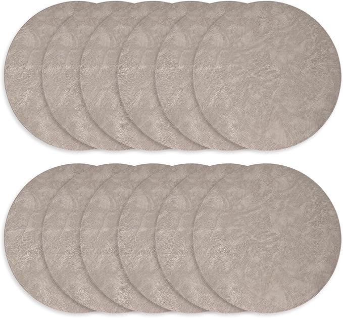 Morgan Faux Leather Round Set of 12 Placemats, 15", Grey, Heat Resistant, Stain Resistant, Non-Slip, Reversible, Durable Table Mats for Kitchen, Dining Table, Indoor Washable Use