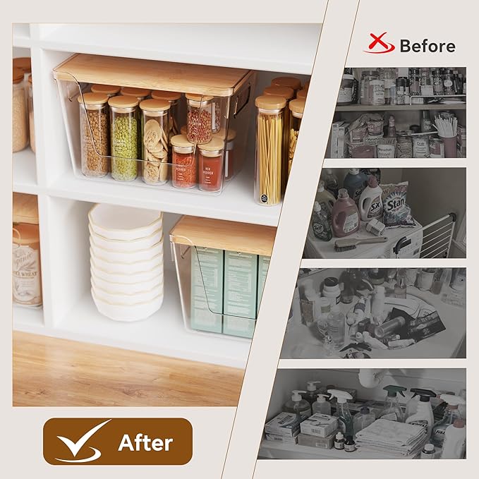 Criusia 2 Set Pantry Organizers and Storage with Bamboo Lids, Stackable Clear Bins for Onion, Potato, Fruit, Vegetables, Trash Bag Dispenser for Kitchen and Under Sink Organization